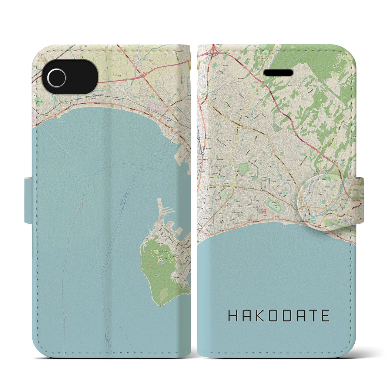 【函館2(北海道)】地図柄iPhoneケース(手帳タイプ)ナチュラル・iPhone SE(第3 / 第2世代) / 8 / 7 / 6s / 6 用