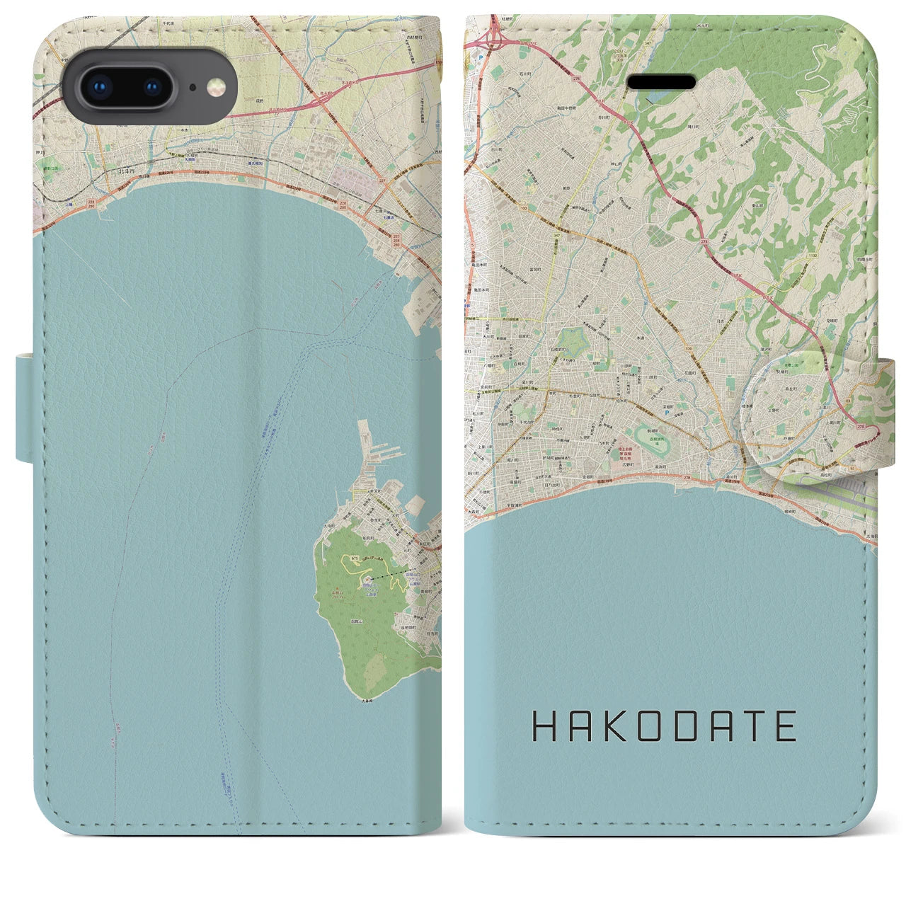 【函館2(北海道)】地図柄iPhoneケース(手帳タイプ)ナチュラル・iPhone 8Plus /7Plus / 6sPlus / 6Plus 用