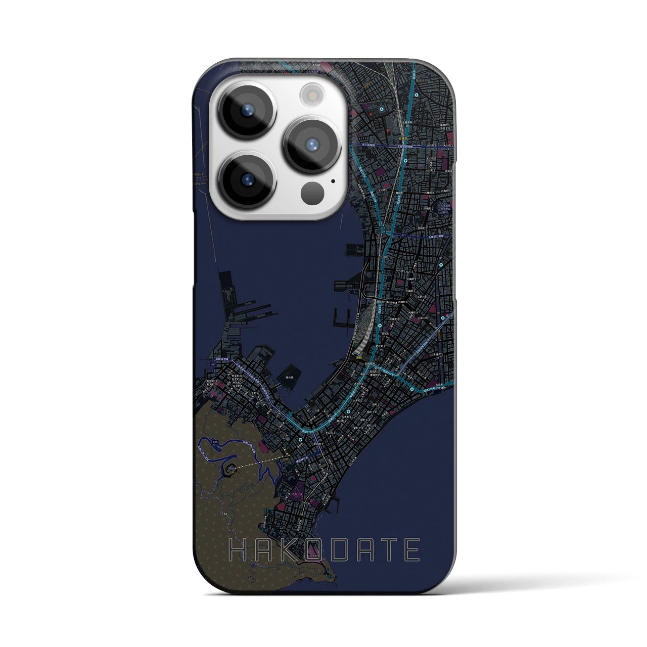 【函館(北海道)】地図柄iPhoneケース(バックカバータイプ)ブラック・iPhone 14 Pro 用