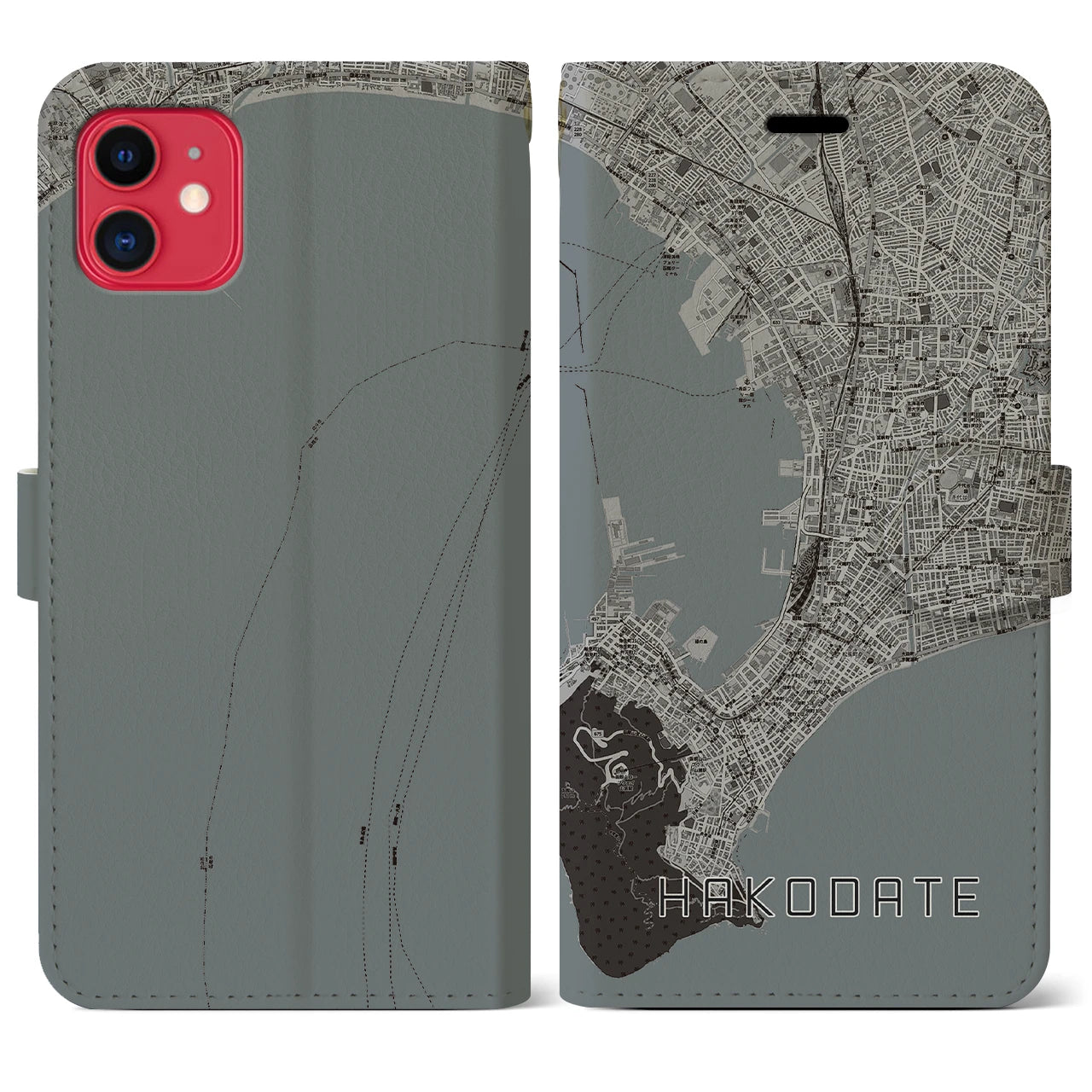 【函館(北海道)】地図柄iPhoneケース(手帳タイプ)モノトーン・iPhone 11 用