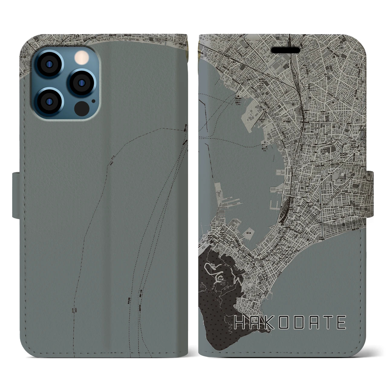 【函館(北海道)】地図柄iPhoneケース(手帳タイプ)モノトーン・iPhone 12 / 12 Pro 用