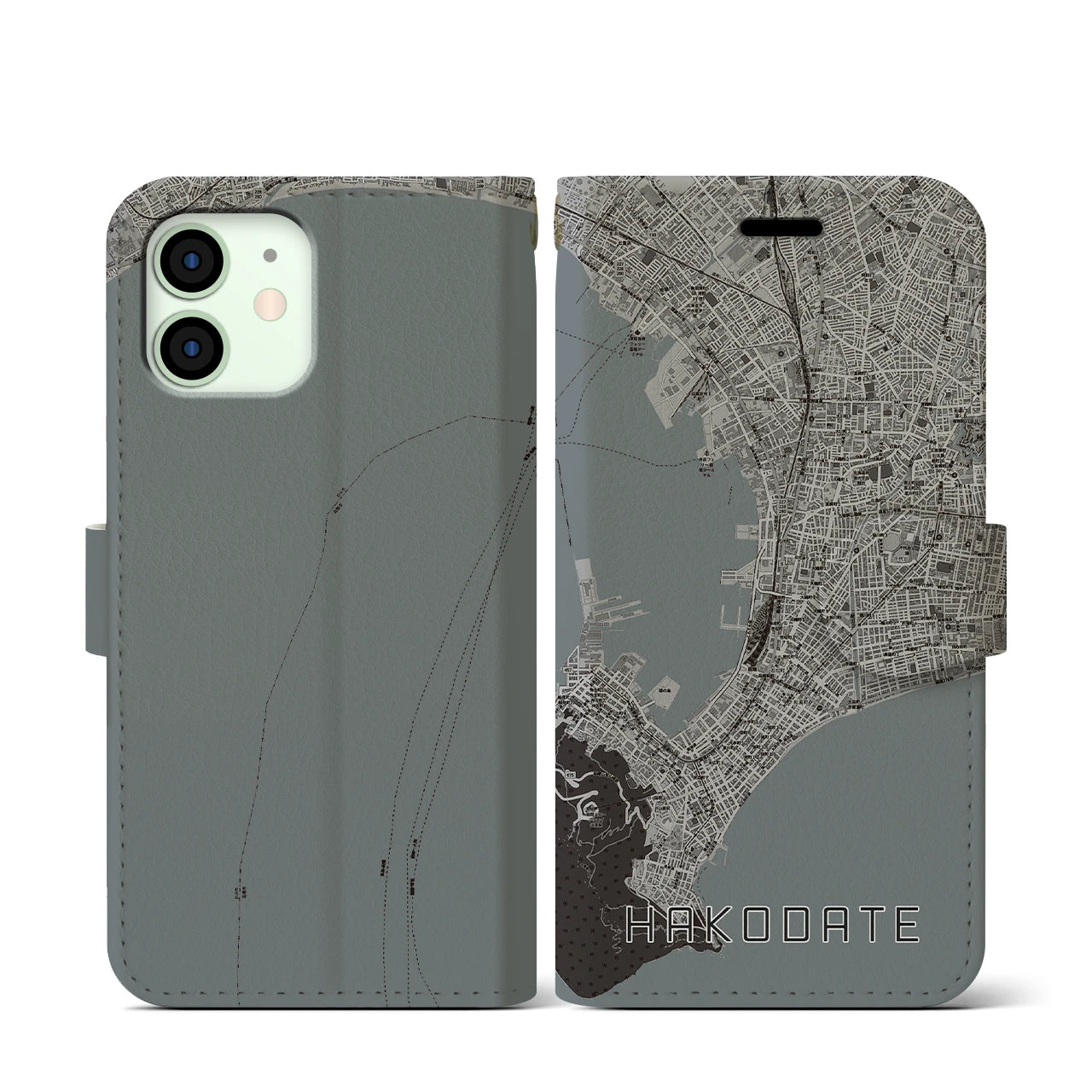 【函館(北海道)】地図柄iPhoneケース(手帳タイプ)モノトーン・iPhone 12 mini 用