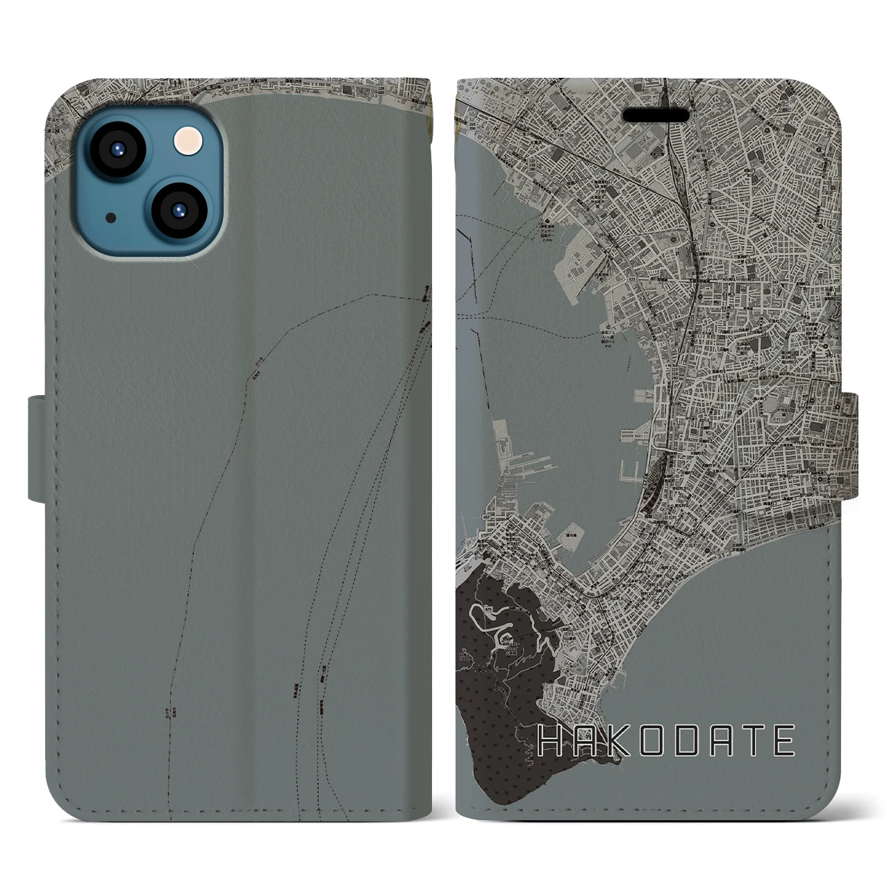 【函館(北海道)】地図柄iPhoneケース(手帳タイプ)モノトーン・iPhone 13 用