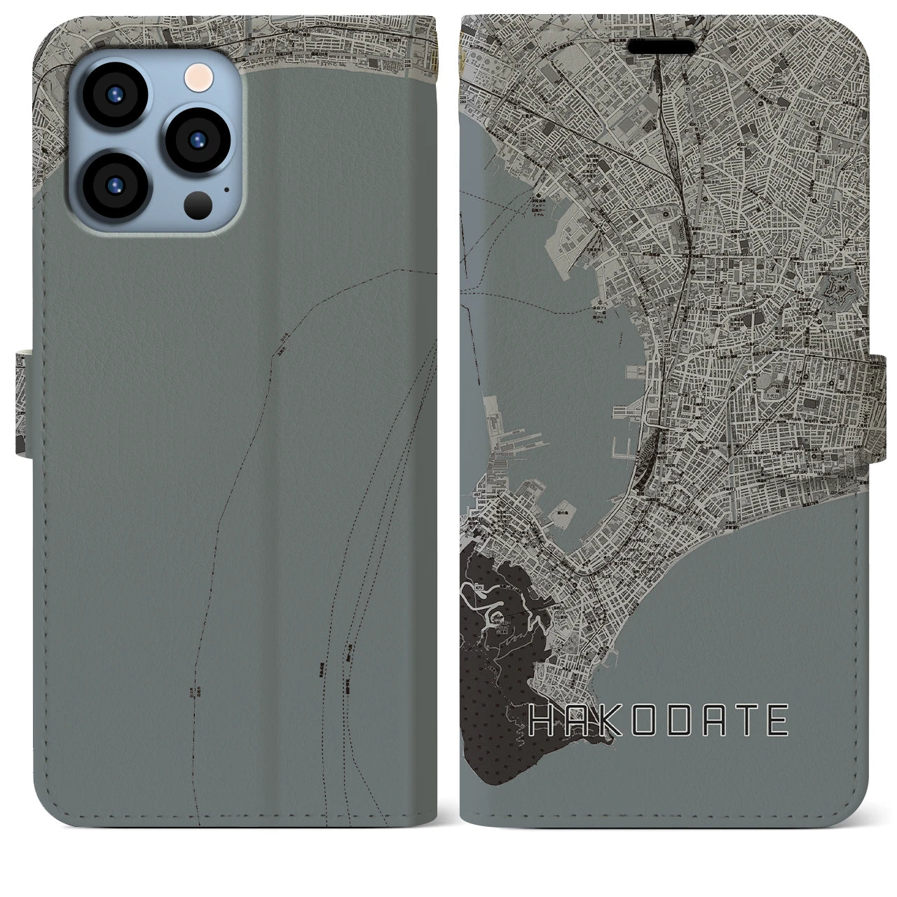 【函館(北海道)】地図柄iPhoneケース(手帳タイプ)モノトーン・iPhone 13 Pro Max 用