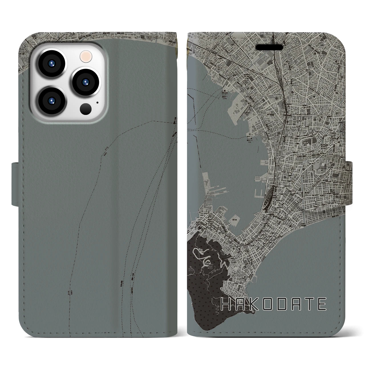【函館(北海道)】地図柄iPhoneケース(手帳タイプ)モノトーン・iPhone 13 Pro 用