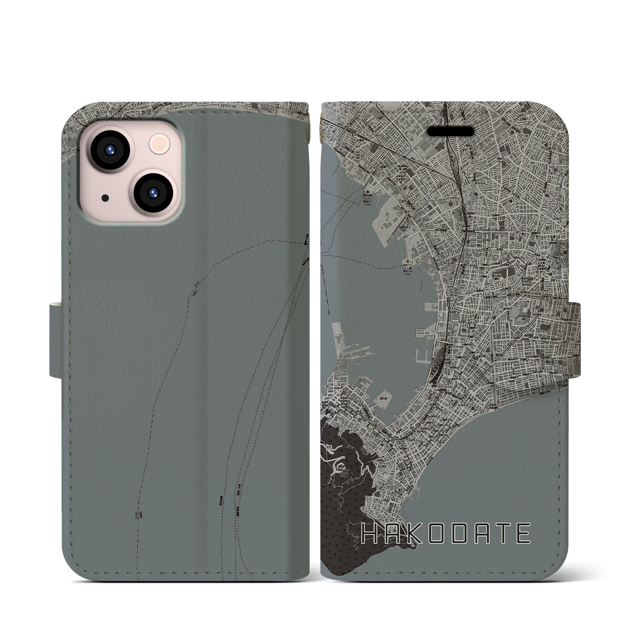 【函館(北海道)】地図柄iPhoneケース(手帳タイプ)モノトーン・iPhone 13 mini 用