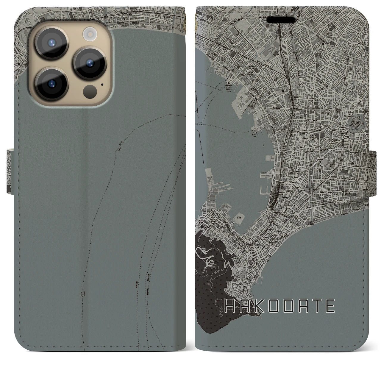 【函館(北海道)】地図柄iPhoneケース(手帳タイプ)モノトーン・iPhone 14 Pro Max 用