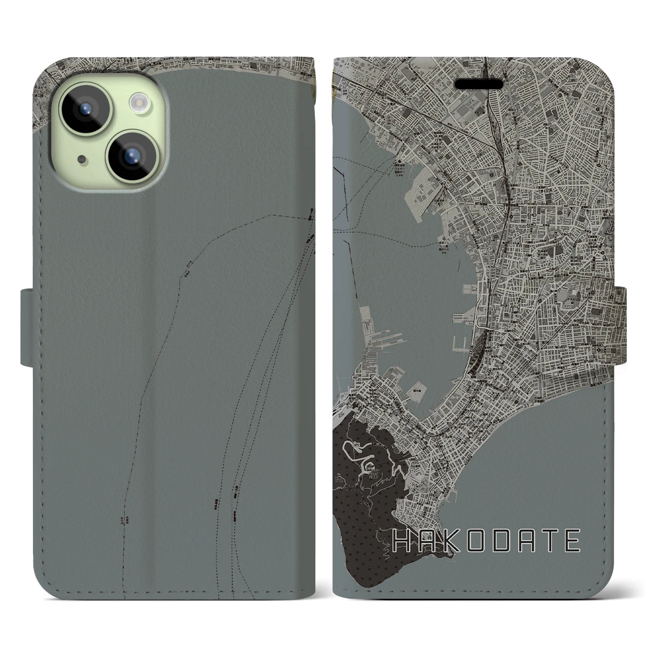 【函館(北海道)】地図柄iPhoneケース(手帳タイプ)モノトーン・iPhone 15 用