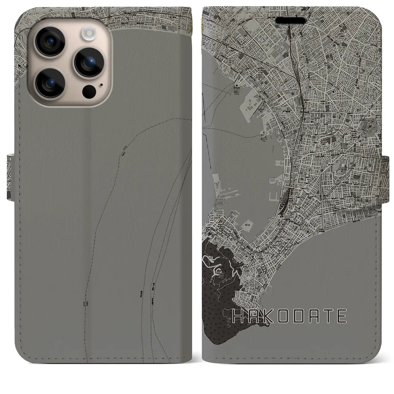 【函館(北海道)】地図柄iPhoneケース(手帳タイプ)モノトーン・iPhone 16 Plus 用