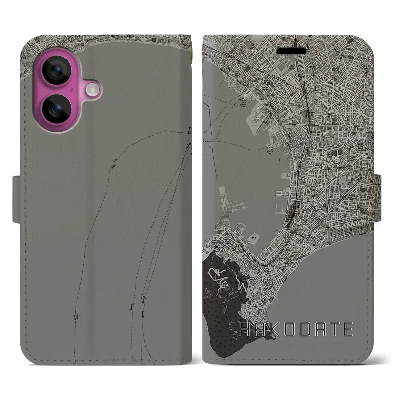 【函館(北海道)】地図柄iPhoneケース(手帳タイプ)モノトーン・iPhone 16 Pro 用