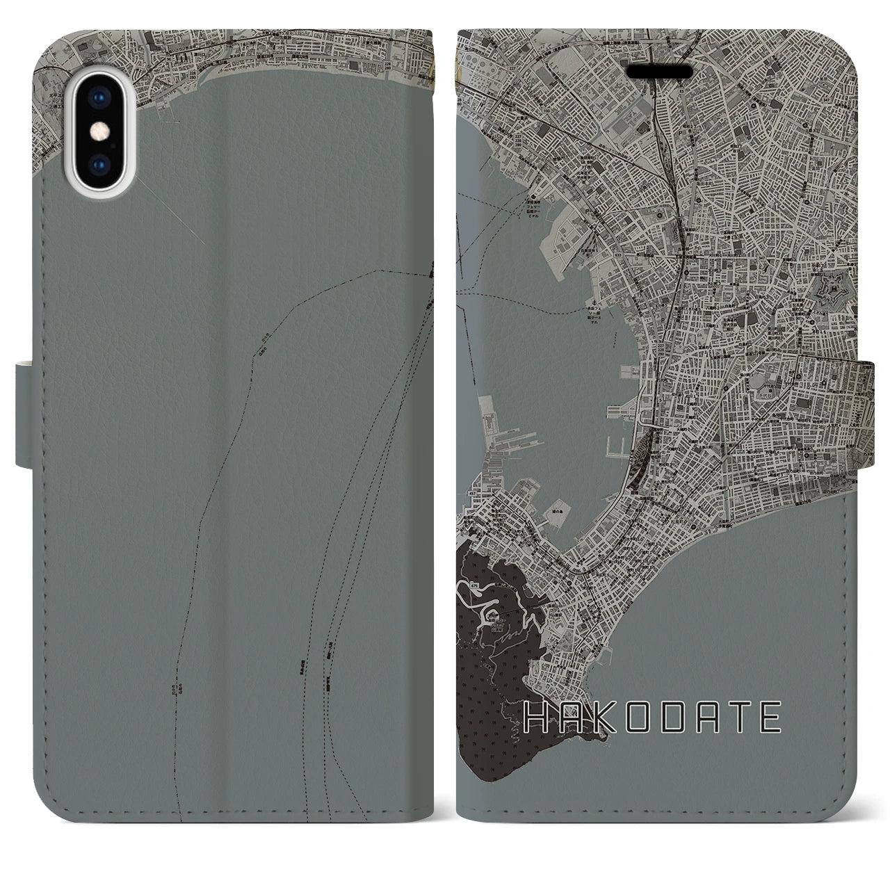 【函館(北海道)】地図柄iPhoneケース(手帳タイプ)モノトーン・iPhone XS Max 用