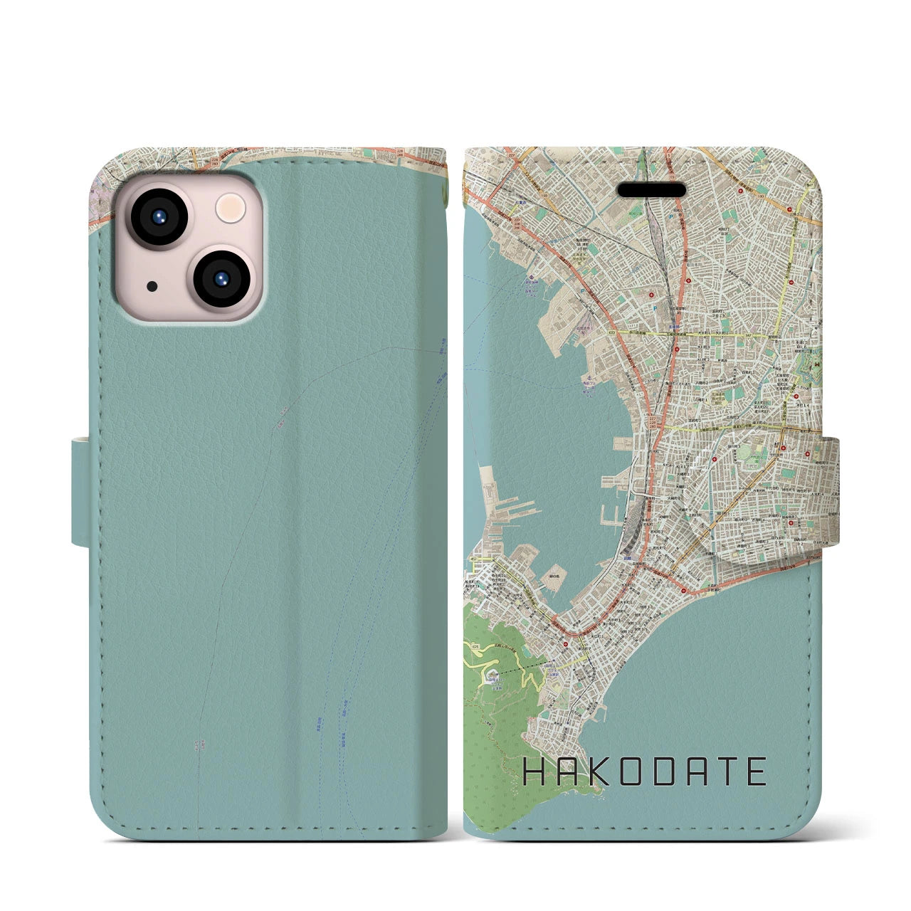【函館(北海道)】地図柄iPhoneケース(手帳タイプ)ナチュラル・iPhone 13 mini 用