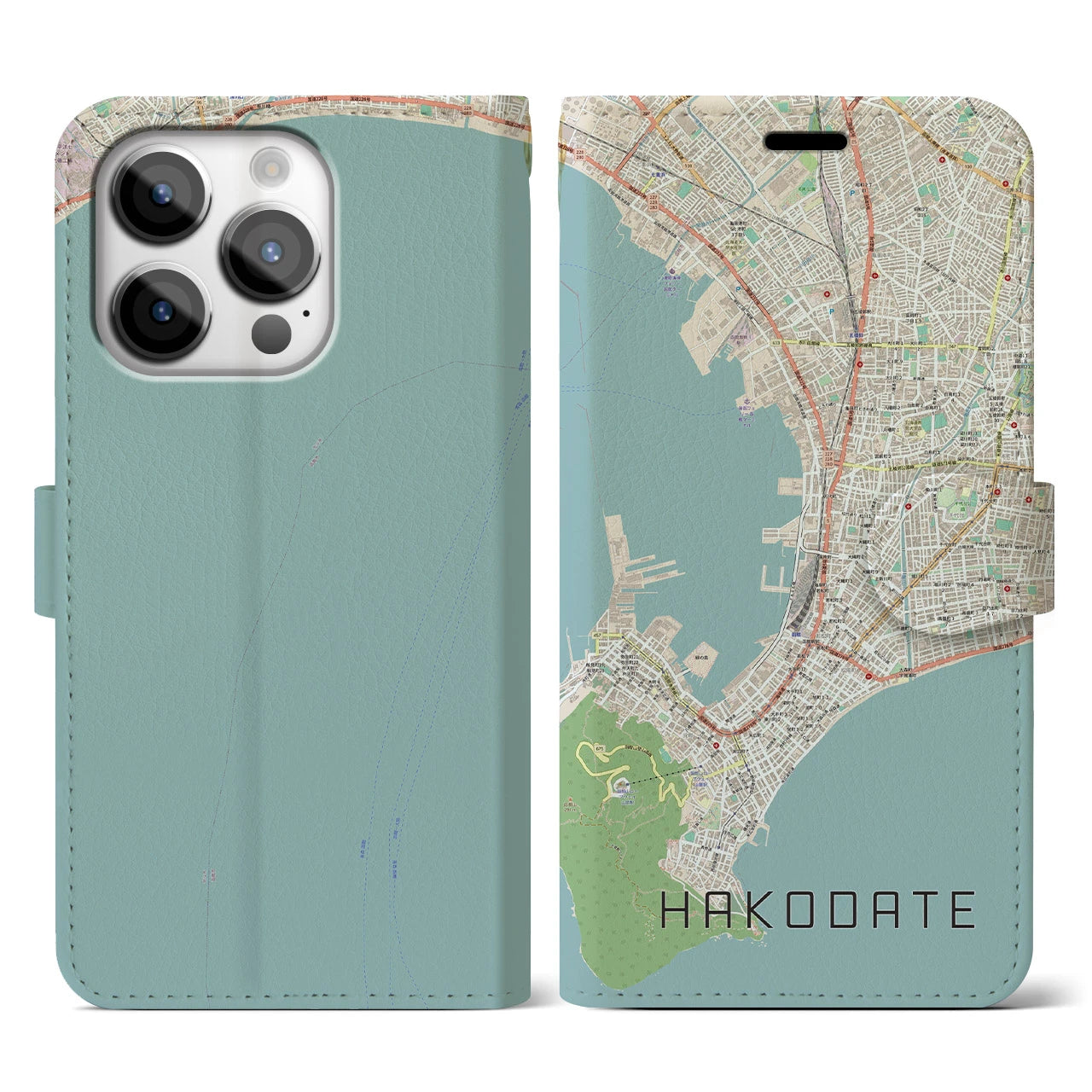 【函館(北海道)】地図柄iPhoneケース(手帳タイプ)ナチュラル・iPhone 14 Pro 用