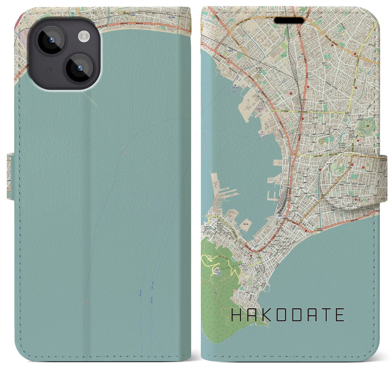 【函館(北海道)】地図柄iPhoneケース(手帳タイプ)ナチュラル・iPhone 14 Plus 用