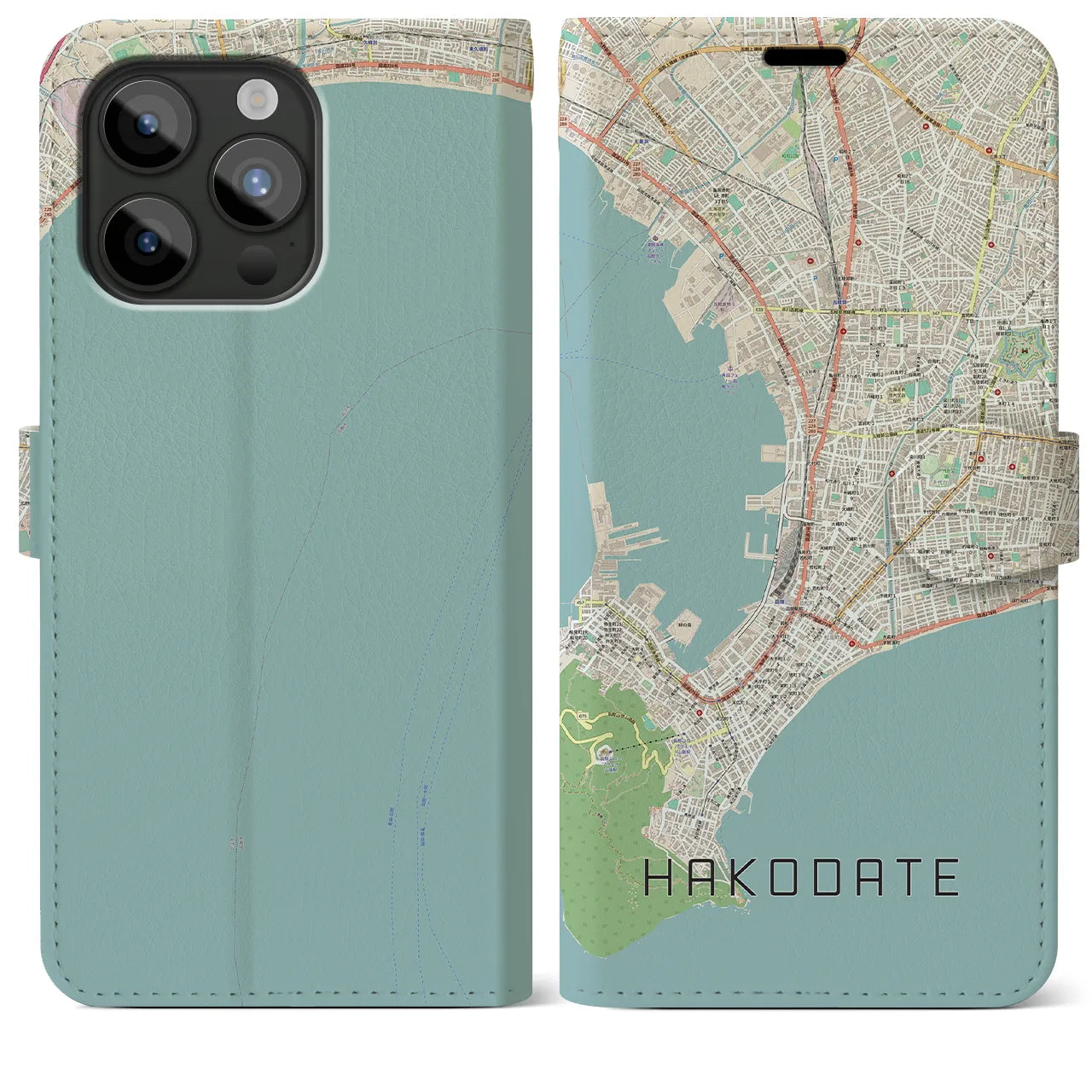 【函館(北海道)】地図柄iPhoneケース(手帳タイプ)ナチュラル・iPhone 15 Pro Max 用