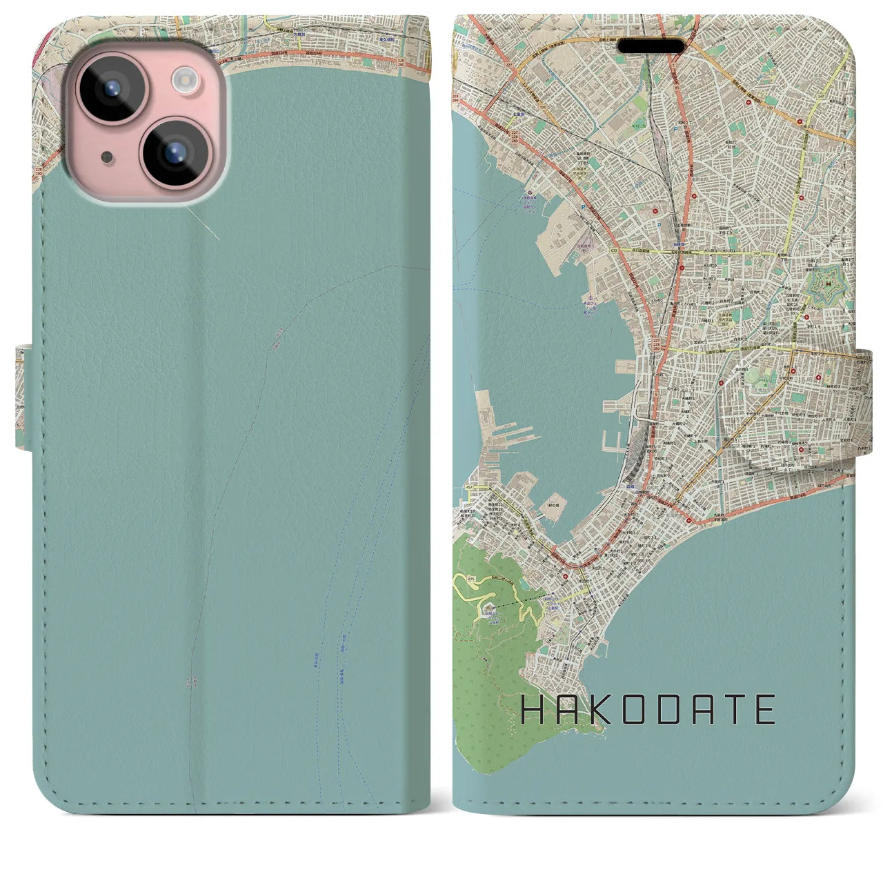 【函館(北海道)】地図柄iPhoneケース(手帳タイプ)ナチュラル・iPhone 15 Plus 用