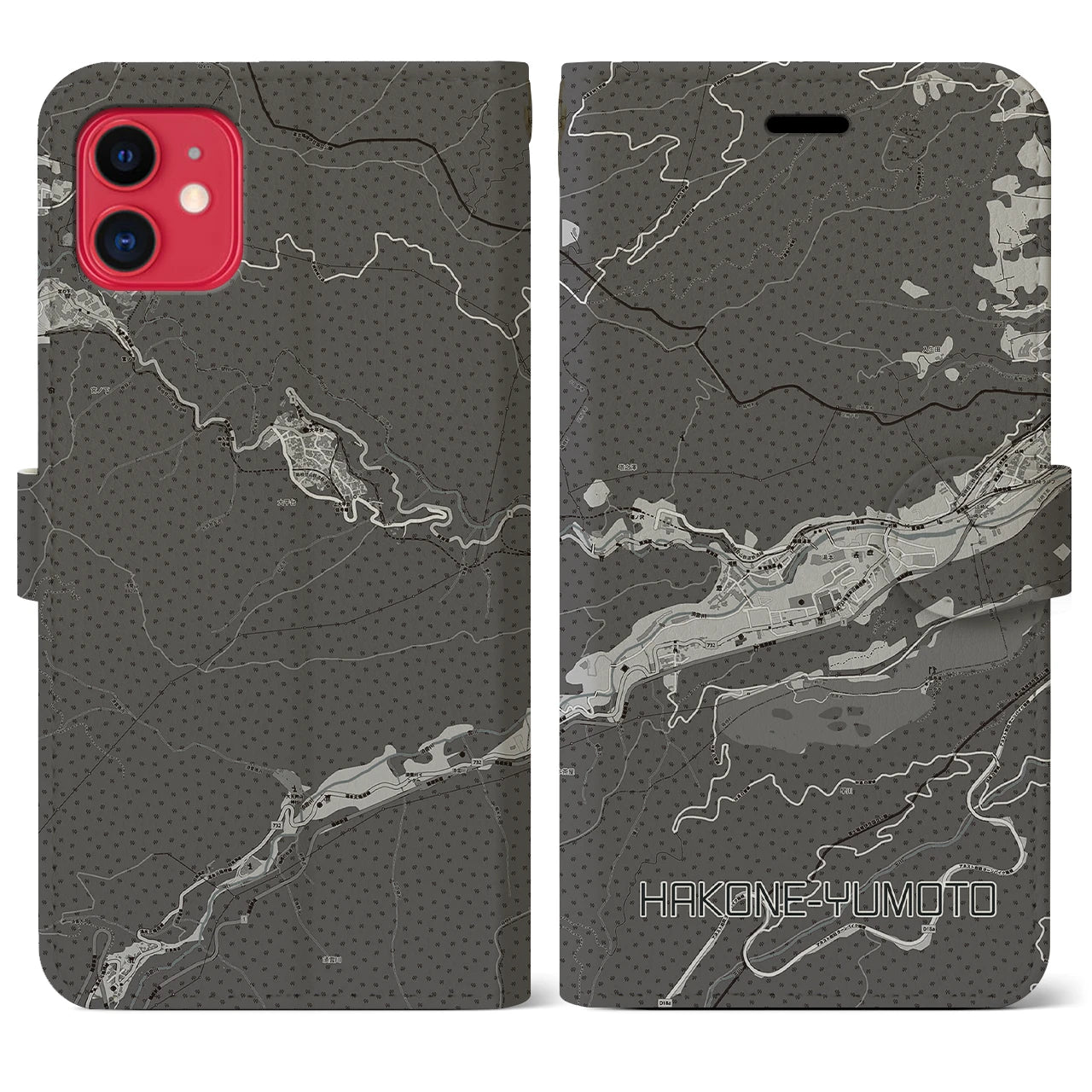 【箱根湯本(神奈川県)】地図柄iPhoneケース(手帳タイプ)モノトーン・iPhone 11 用