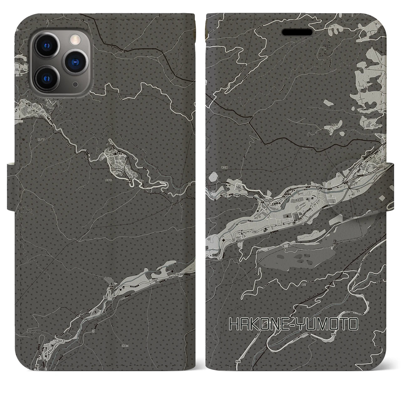 【箱根湯本(神奈川県)】地図柄iPhoneケース(手帳タイプ)モノトーン・iPhone 11 Pro Max 用