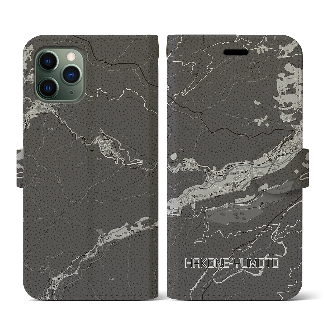 【箱根湯本(神奈川県)】地図柄iPhoneケース(手帳タイプ)モノトーン・iPhone 11 Pro 用