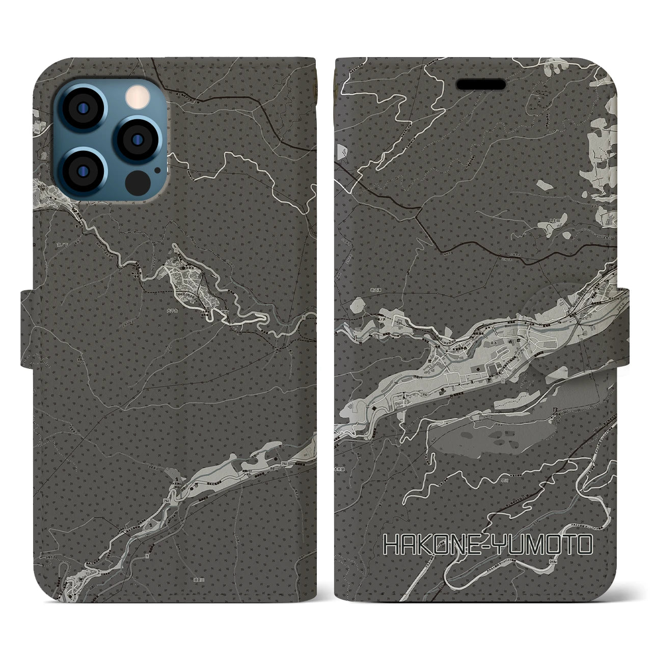 【箱根湯本(神奈川県)】地図柄iPhoneケース(手帳タイプ)モノトーン・iPhone 12 / 12 Pro 用