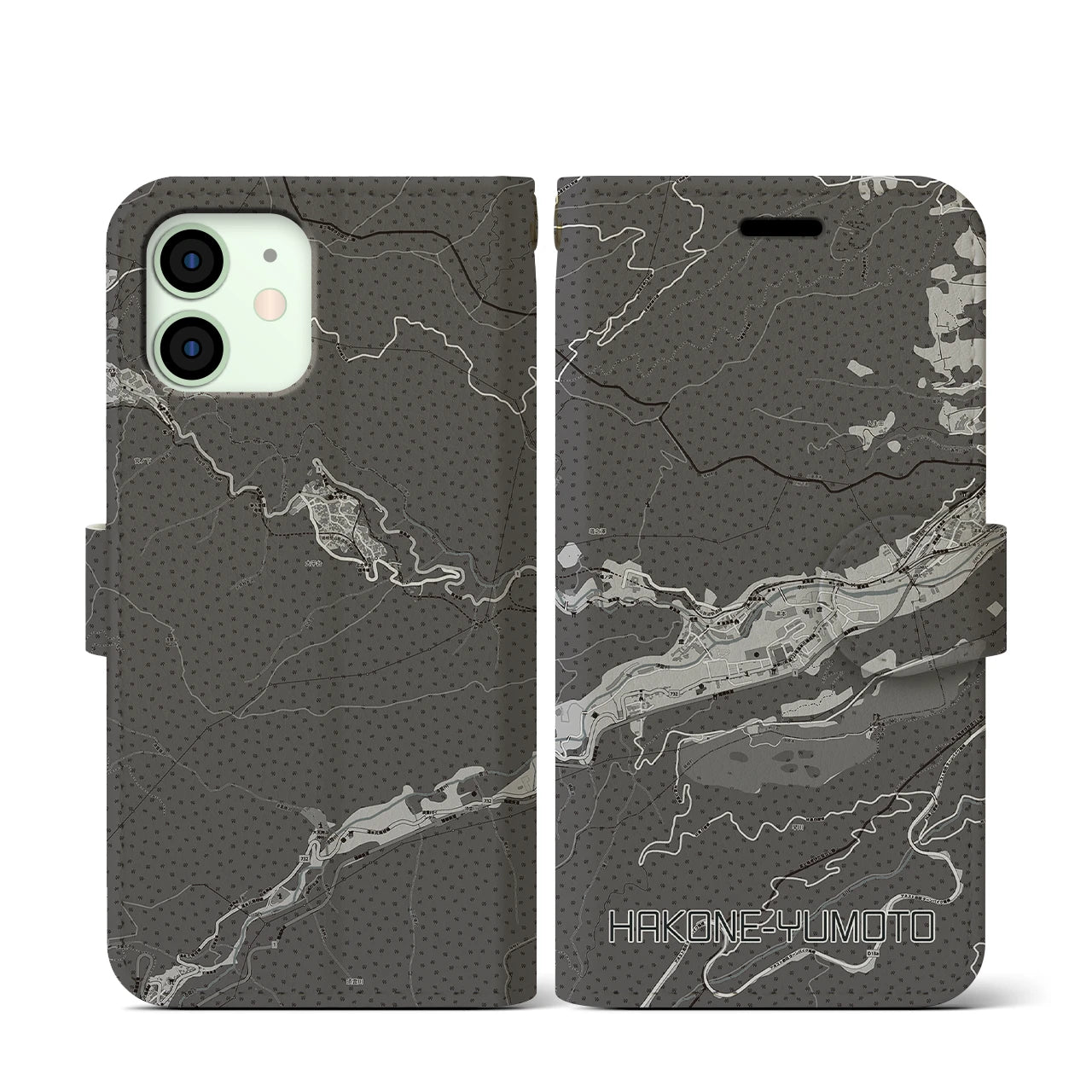 【箱根湯本(神奈川県)】地図柄iPhoneケース(手帳タイプ)モノトーン・iPhone 12 mini 用