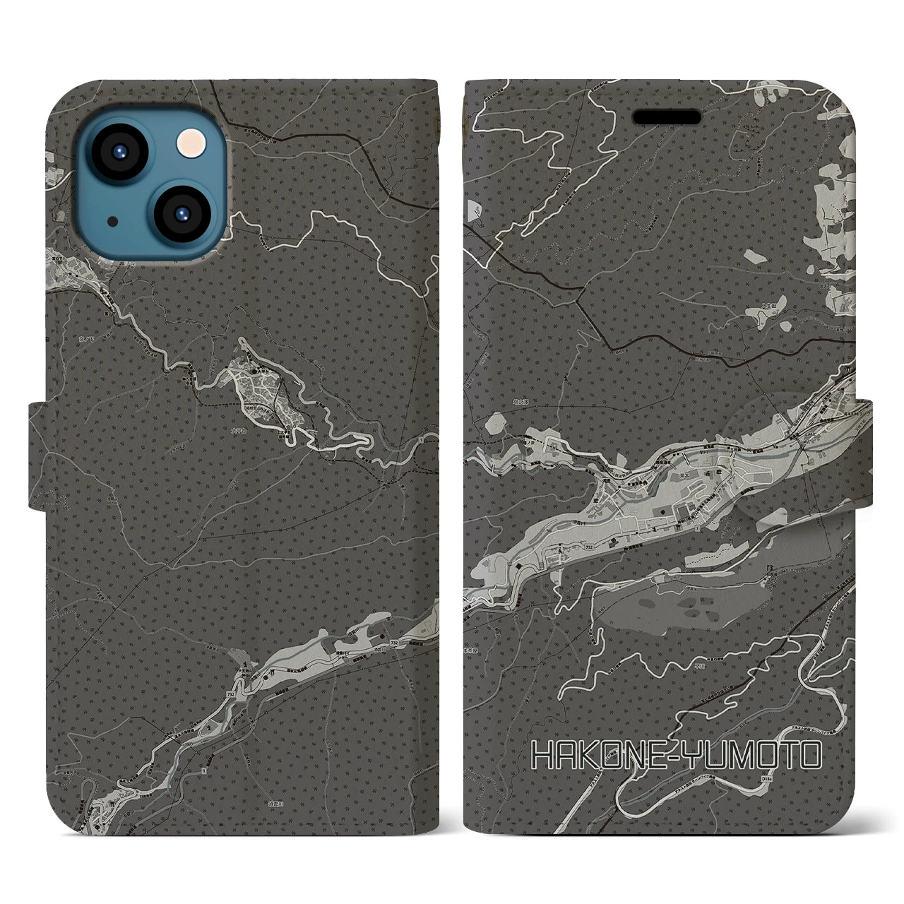 【箱根湯本(神奈川県)】地図柄iPhoneケース(手帳タイプ)モノトーン・iPhone 13 用