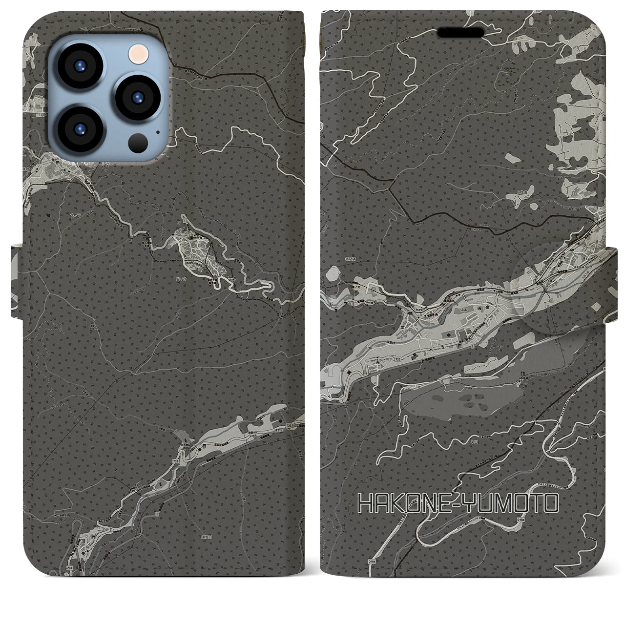 【箱根湯本(神奈川県)】地図柄iPhoneケース(手帳タイプ)モノトーン・iPhone 13 Pro Max 用