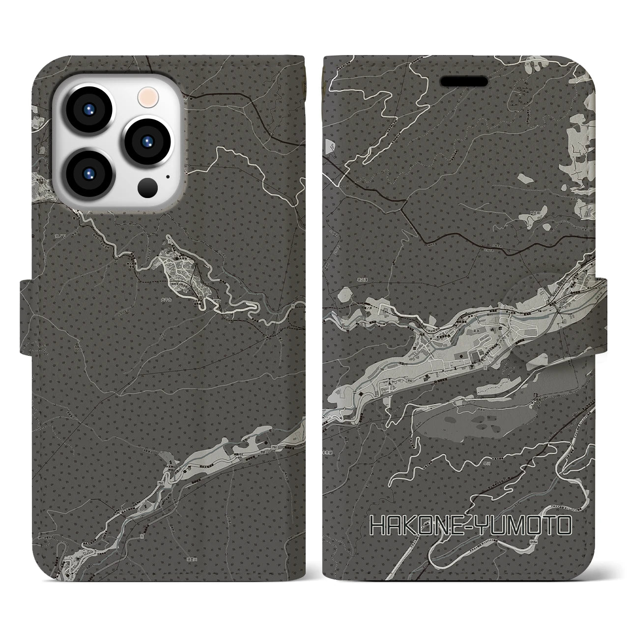 【箱根湯本(神奈川県)】地図柄iPhoneケース(手帳タイプ)モノトーン・iPhone 13 Pro 用