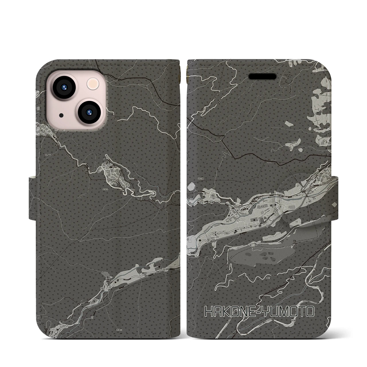 【箱根湯本(神奈川県)】地図柄iPhoneケース(手帳タイプ)モノトーン・iPhone 13 mini 用