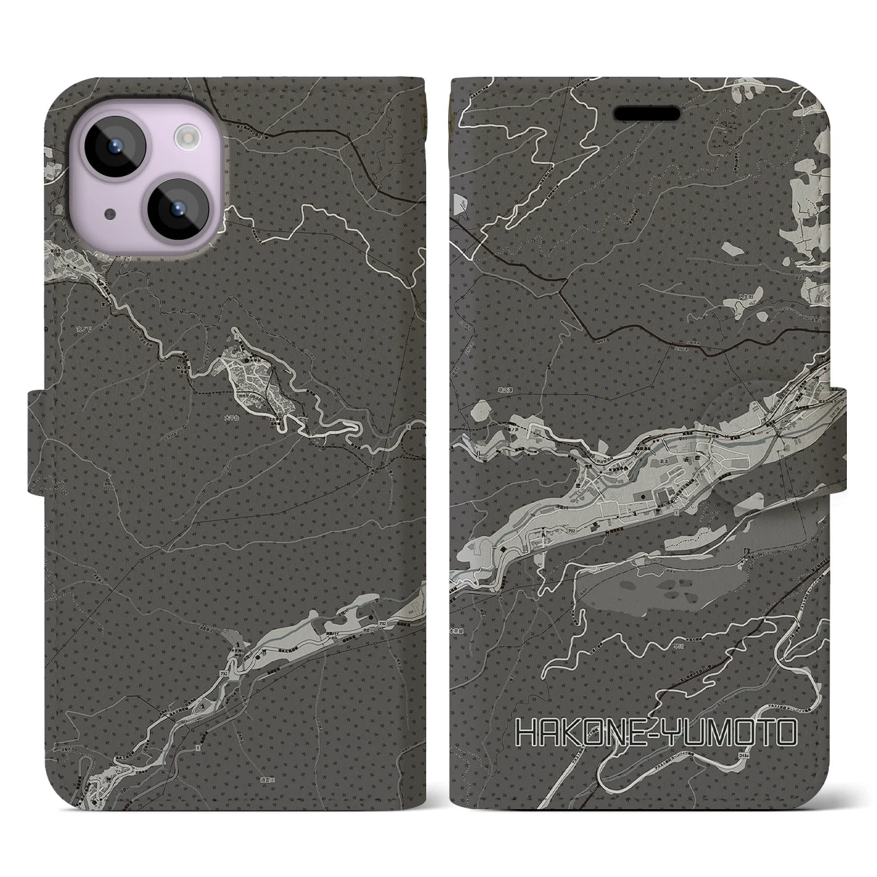 【箱根湯本(神奈川県)】地図柄iPhoneケース(手帳タイプ)モノトーン・iPhone 14 用