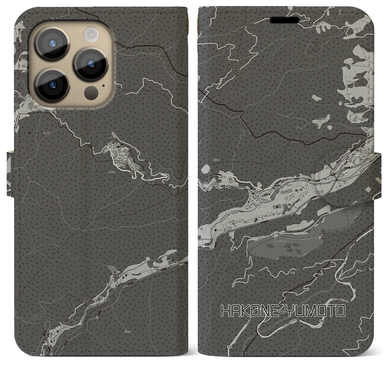 【箱根湯本(神奈川県)】地図柄iPhoneケース(手帳タイプ)モノトーン・iPhone 14 Pro Max 用