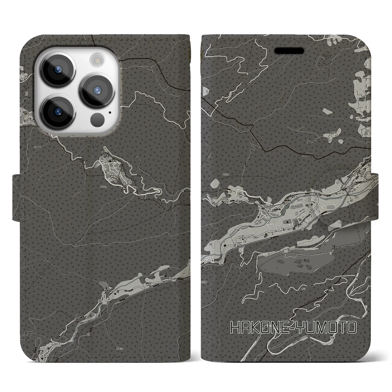 【箱根湯本(神奈川県)】地図柄iPhoneケース(手帳タイプ)モノトーン・iPhone 14 Pro 用