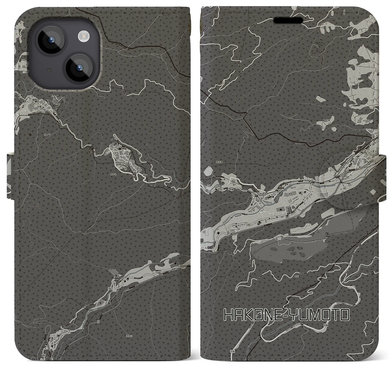 【箱根湯本(神奈川県)】地図柄iPhoneケース(手帳タイプ)モノトーン・iPhone 14 Plus 用