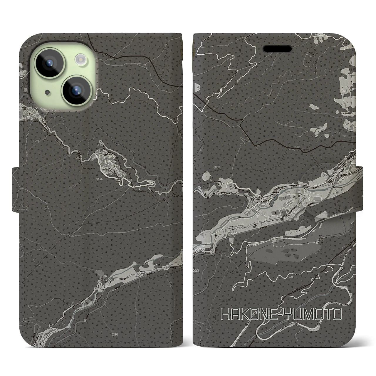 【箱根湯本(神奈川県)】地図柄iPhoneケース(手帳タイプ)モノトーン・iPhone 15 用