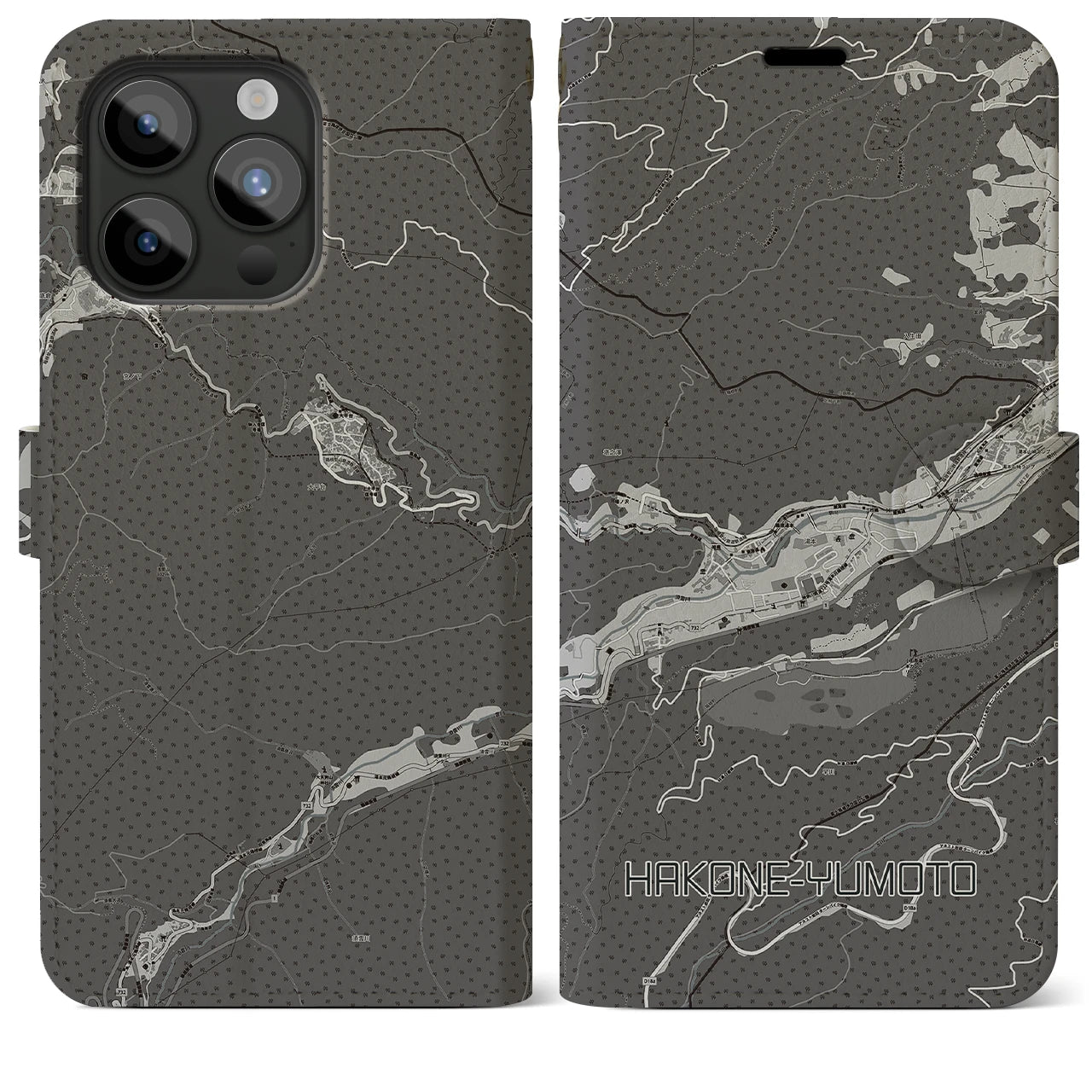 【箱根湯本(神奈川県)】地図柄iPhoneケース(手帳タイプ)モノトーン・iPhone 15 Pro Max 用