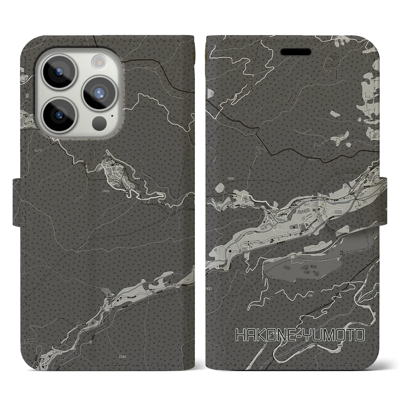 【箱根湯本(神奈川県)】地図柄iPhoneケース(手帳タイプ)モノトーン・iPhone 15 Pro 用