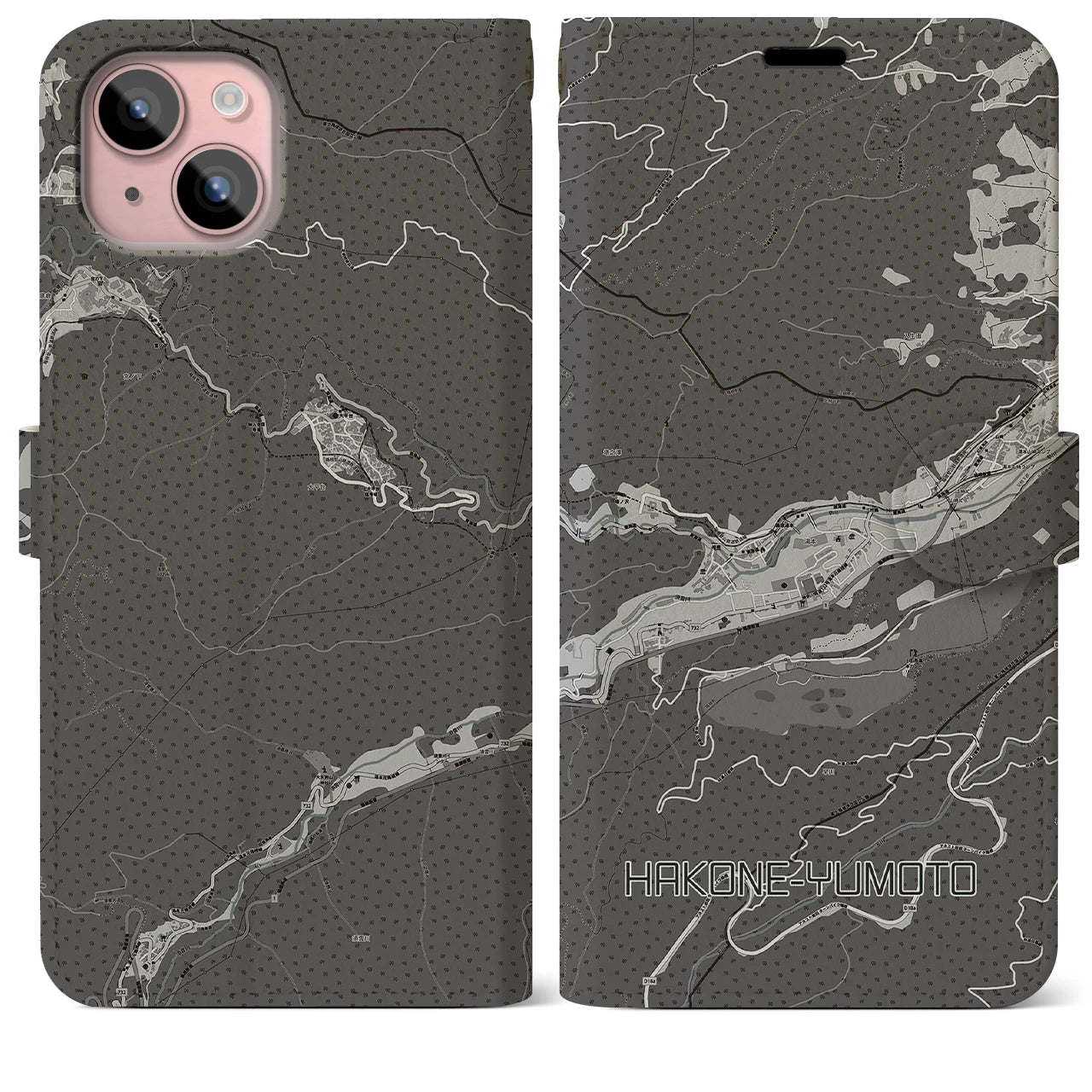 【箱根湯本(神奈川県)】地図柄iPhoneケース(手帳タイプ)モノトーン・iPhone 15 Plus 用