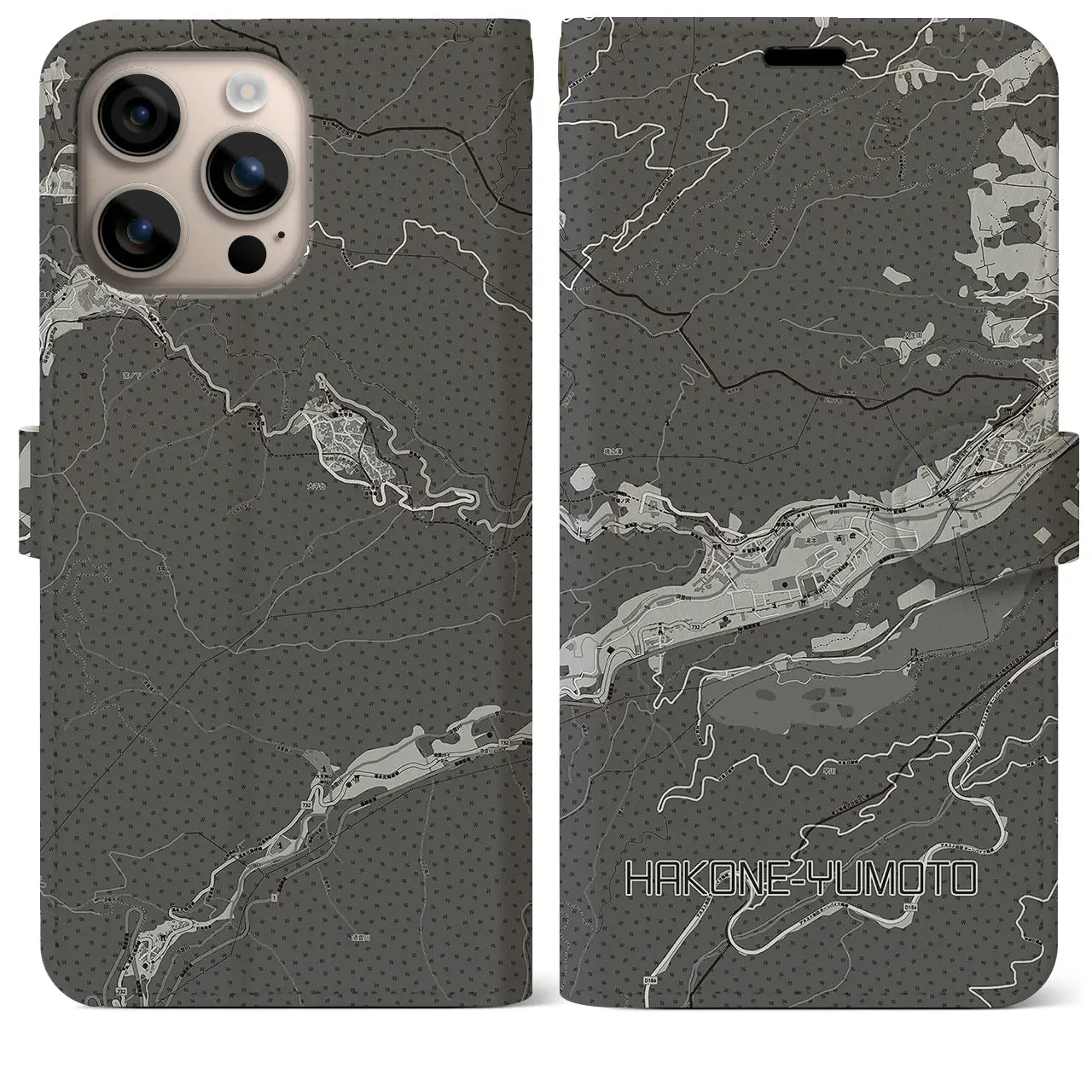 【箱根湯本(神奈川県)】地図柄iPhoneケース(手帳タイプ)モノトーン・iPhone 16 Plus 用