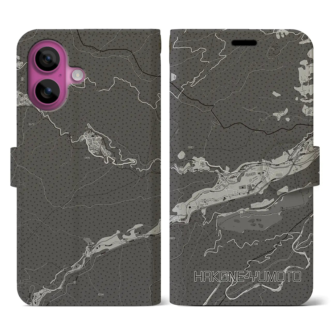 【箱根湯本(神奈川県)】地図柄iPhoneケース(手帳タイプ)モノトーン・iPhone 16 Pro 用