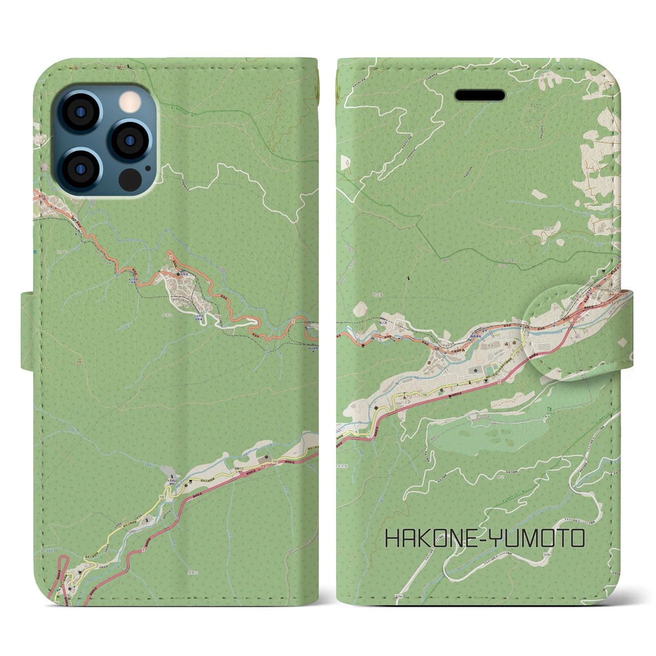 【箱根湯本(神奈川県)】地図柄iPhoneケース(手帳タイプ)ナチュラル・iPhone 12 / 12 Pro 用