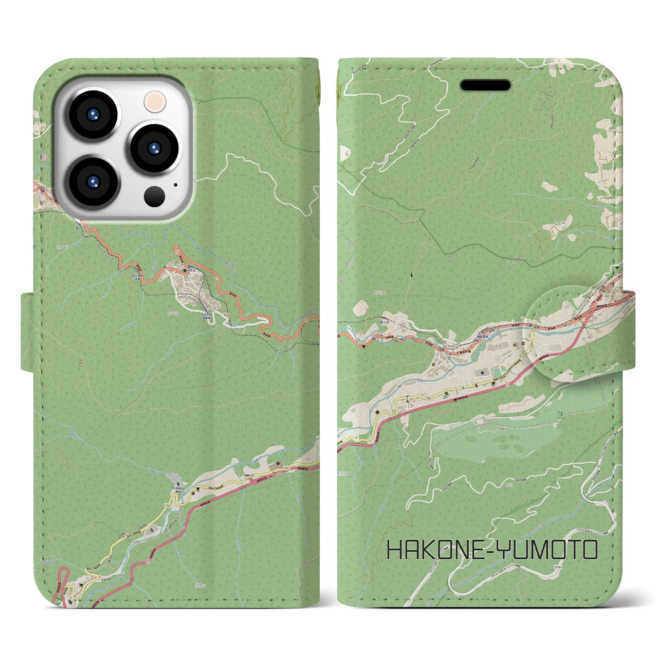【箱根湯本(神奈川県)】地図柄iPhoneケース(手帳タイプ)ナチュラル・iPhone 13 Pro 用