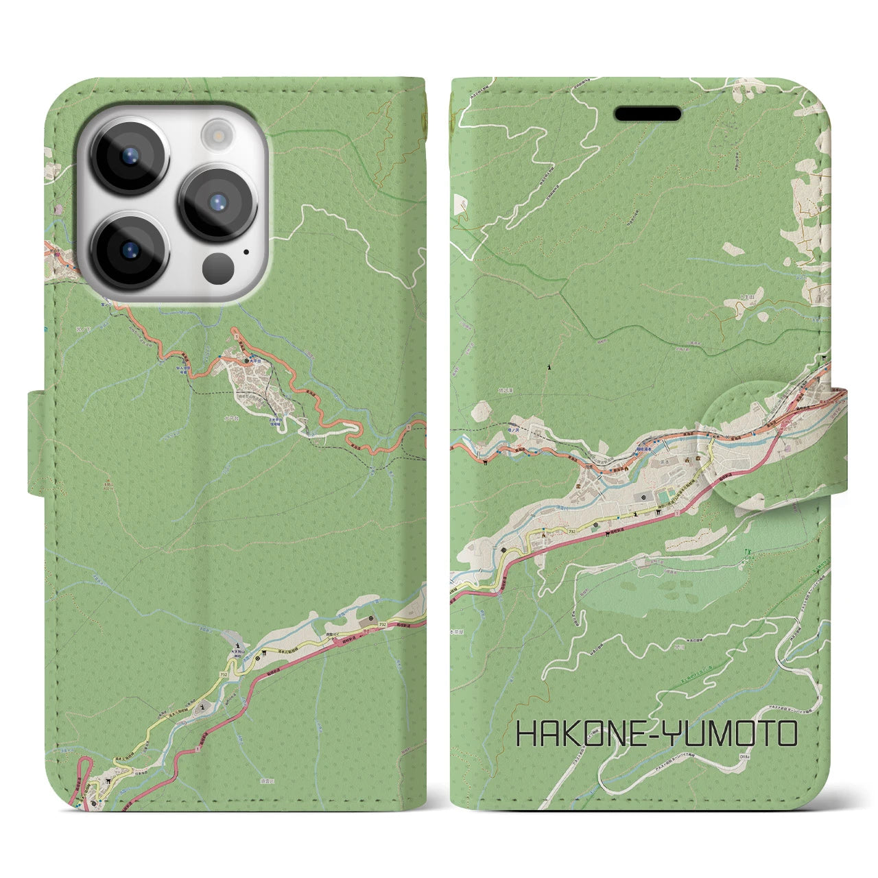 【箱根湯本(神奈川県)】地図柄iPhoneケース(手帳タイプ)ナチュラル・iPhone 14 Pro 用