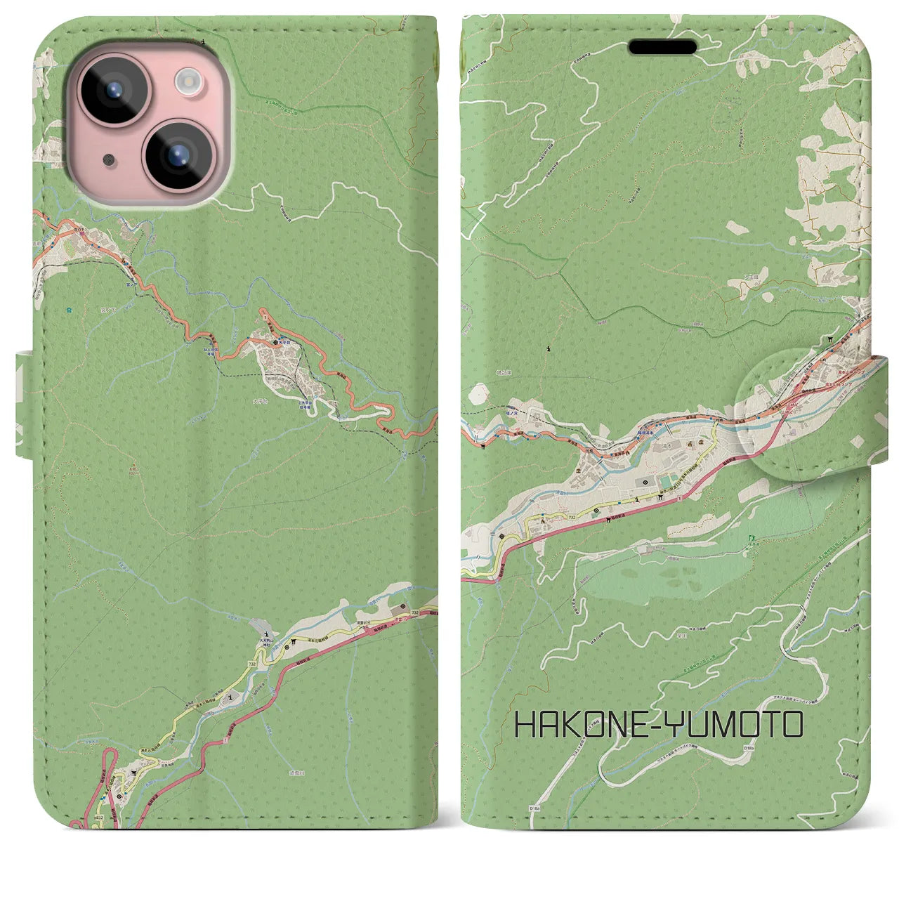 【箱根湯本(神奈川県)】地図柄iPhoneケース(手帳タイプ)ナチュラル・iPhone 15 Plus 用