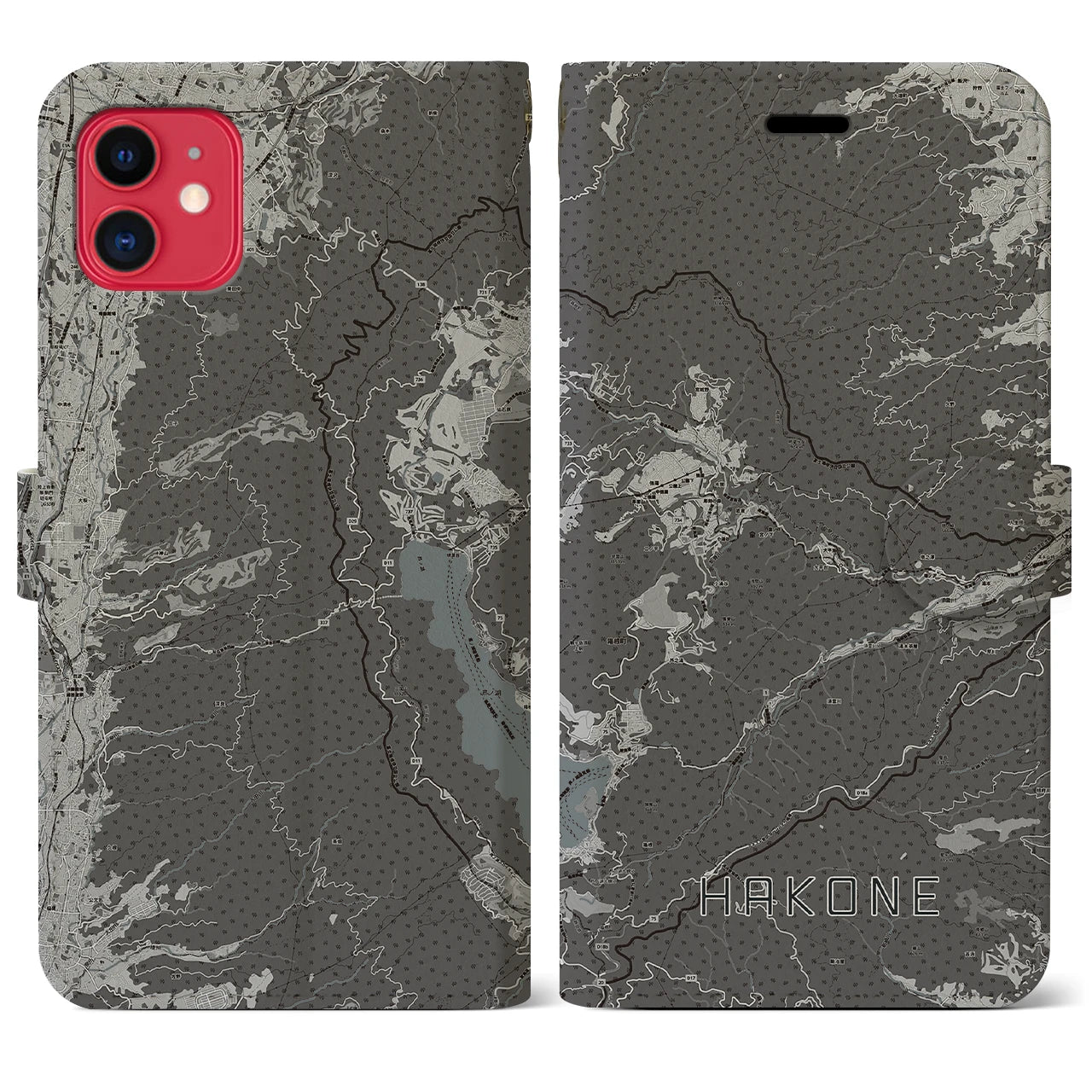 【箱根(神奈川県)】地図柄iPhoneケース(手帳タイプ)モノトーン・iPhone 11 用