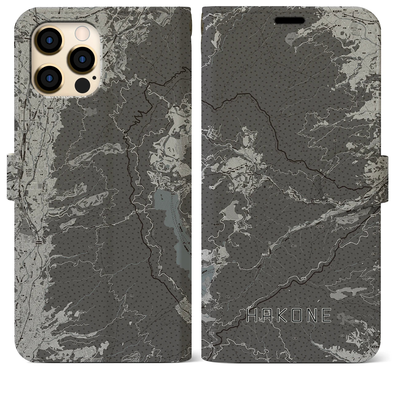 【箱根(神奈川県)】地図柄iPhoneケース(手帳タイプ)モノトーン・iPhone 12 Pro Max 用