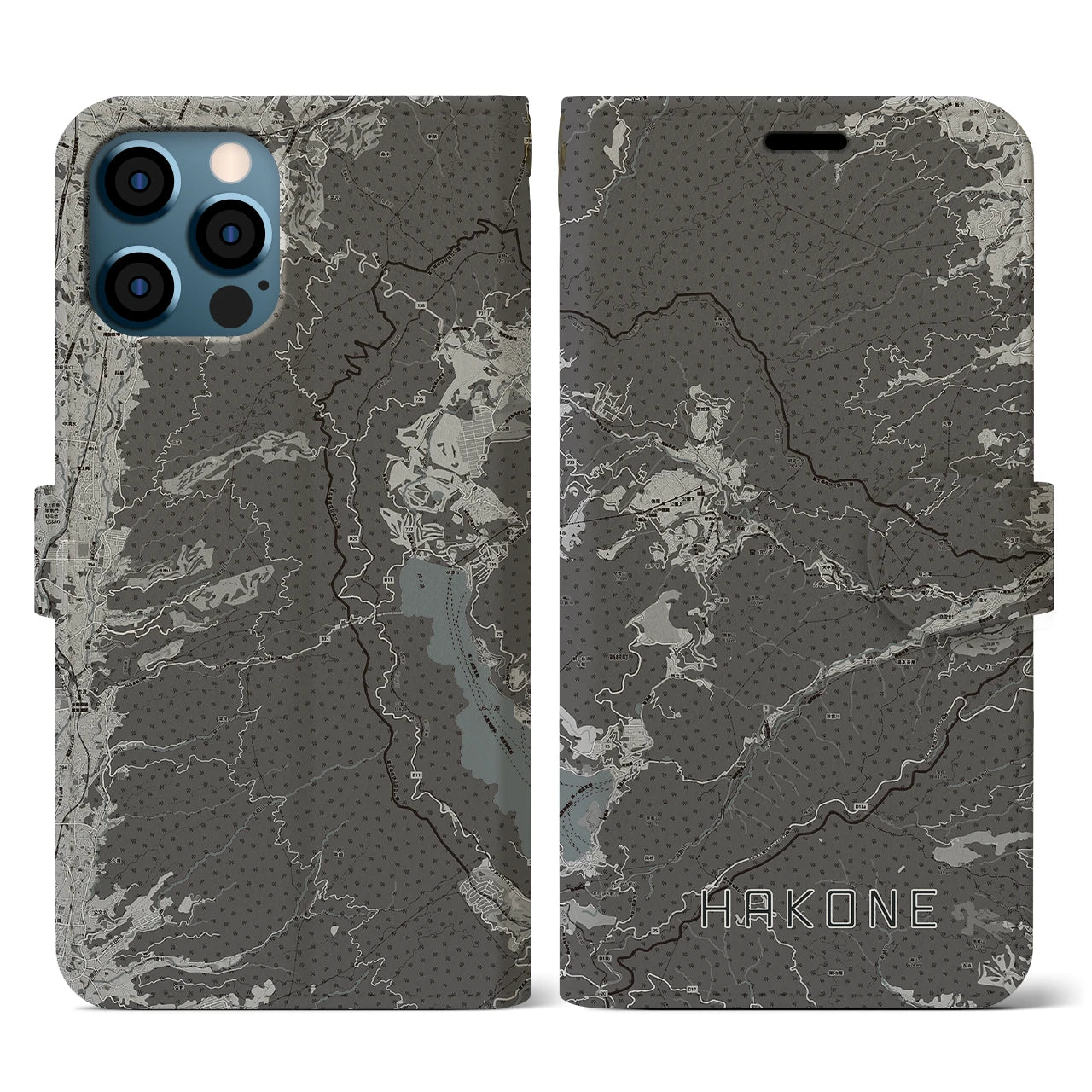 【箱根(神奈川県)】地図柄iPhoneケース(手帳タイプ)モノトーン・iPhone 12 / 12 Pro 用