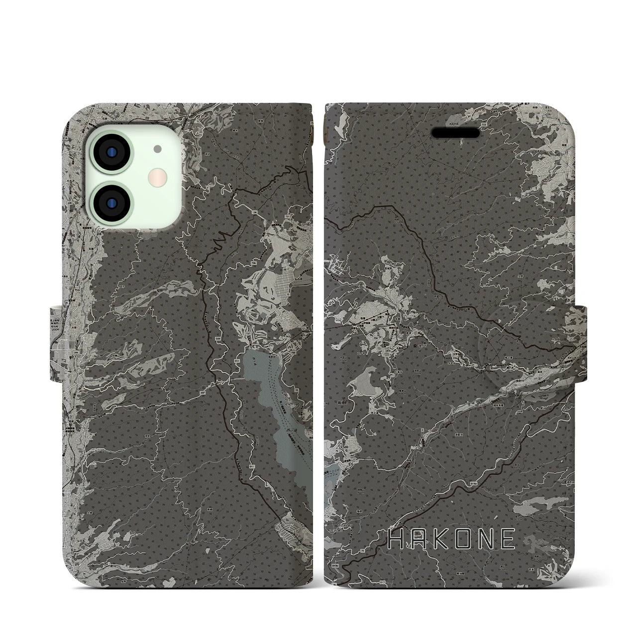【箱根(神奈川県)】地図柄iPhoneケース(手帳タイプ)モノトーン・iPhone 12 mini 用