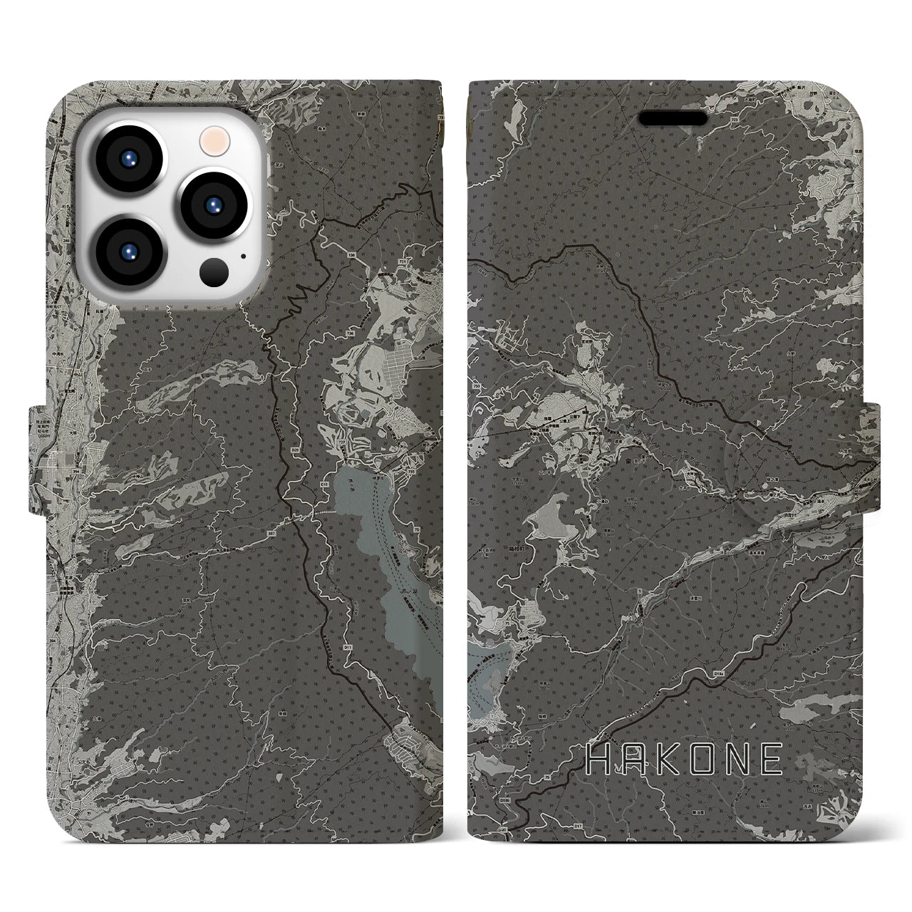 【箱根(神奈川県)】地図柄iPhoneケース(手帳タイプ)モノトーン・iPhone 13 Pro 用