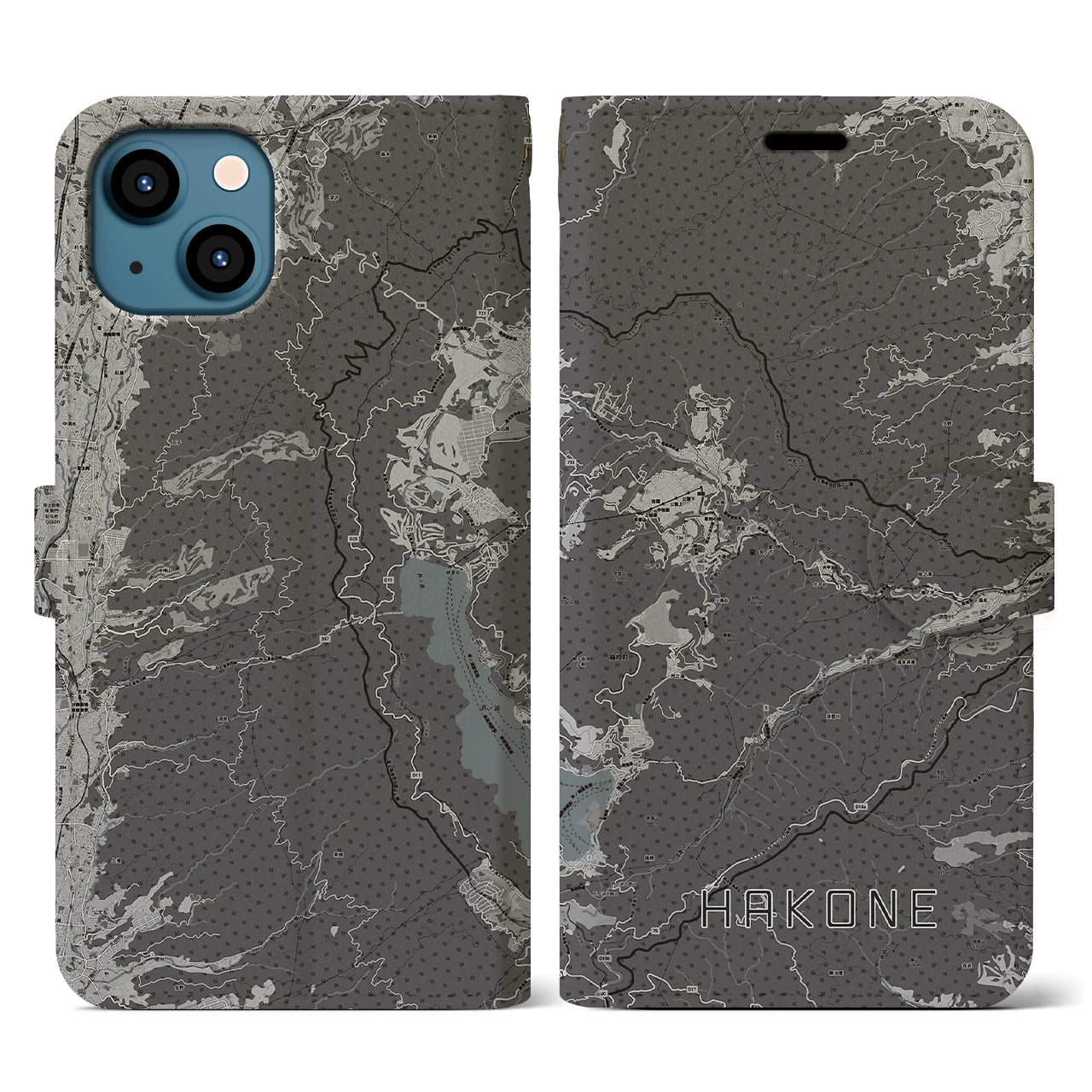 【箱根(神奈川県)】地図柄iPhoneケース(手帳タイプ)モノトーン・iPhone 13 用