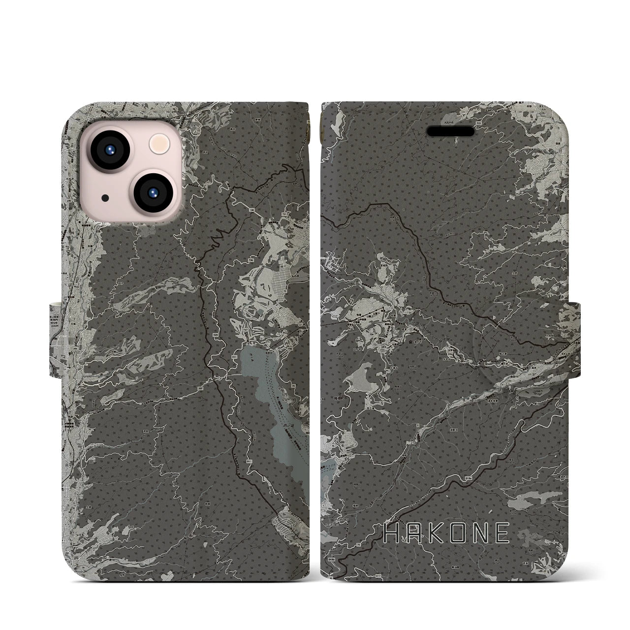 【箱根(神奈川県)】地図柄iPhoneケース(手帳タイプ)モノトーン・iPhone 13 mini 用